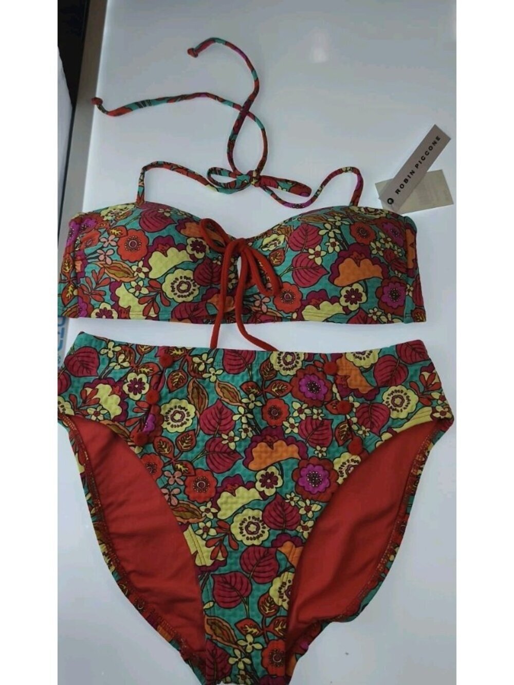 Robin Piccone Women's Bikini Set M Floral Teal High Waist Crop Top NWT 225408